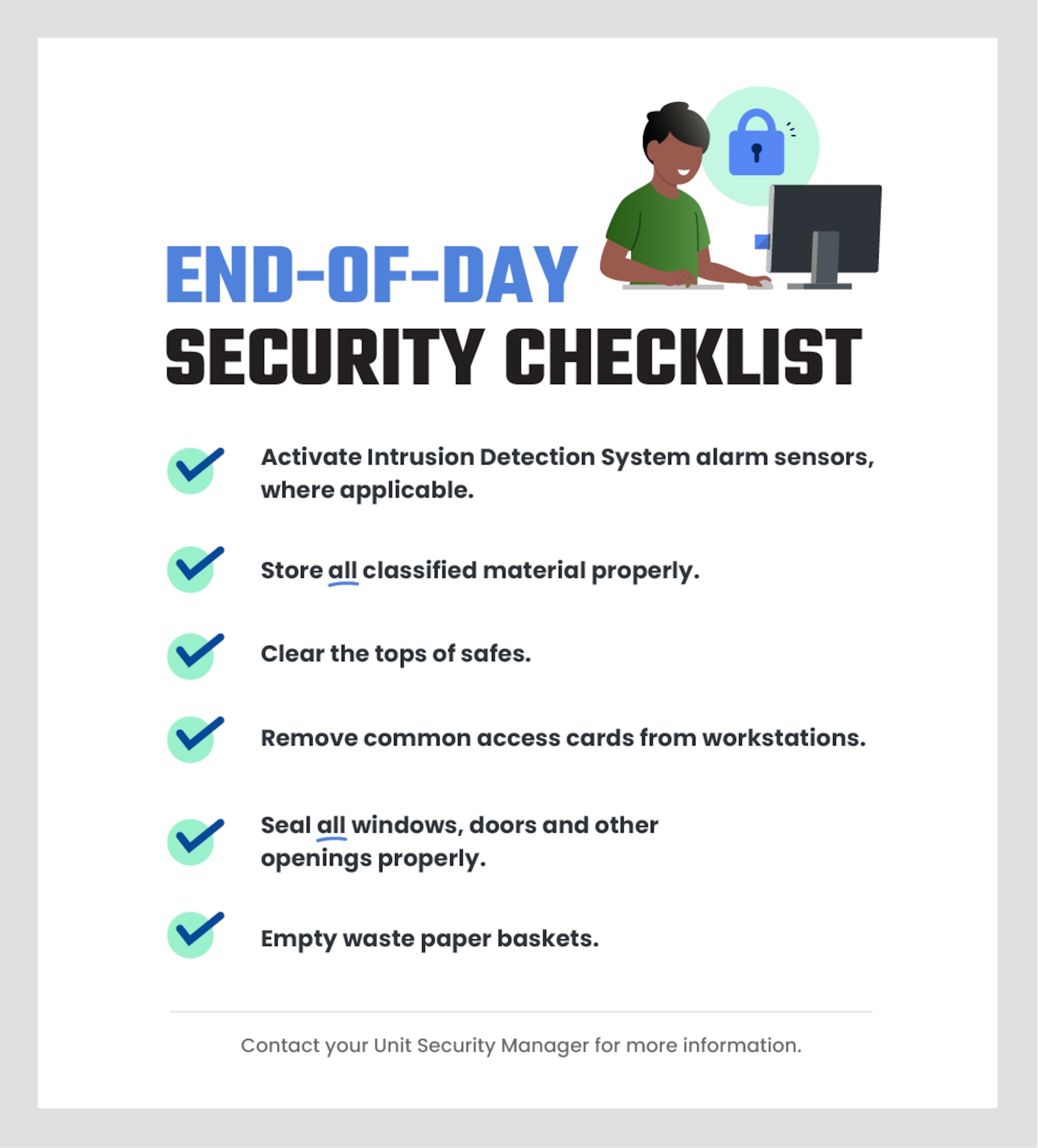 Example of an end-of-day checklist to post in common areas that includes tasks related to the theme and objective of cybersecurity awareness.