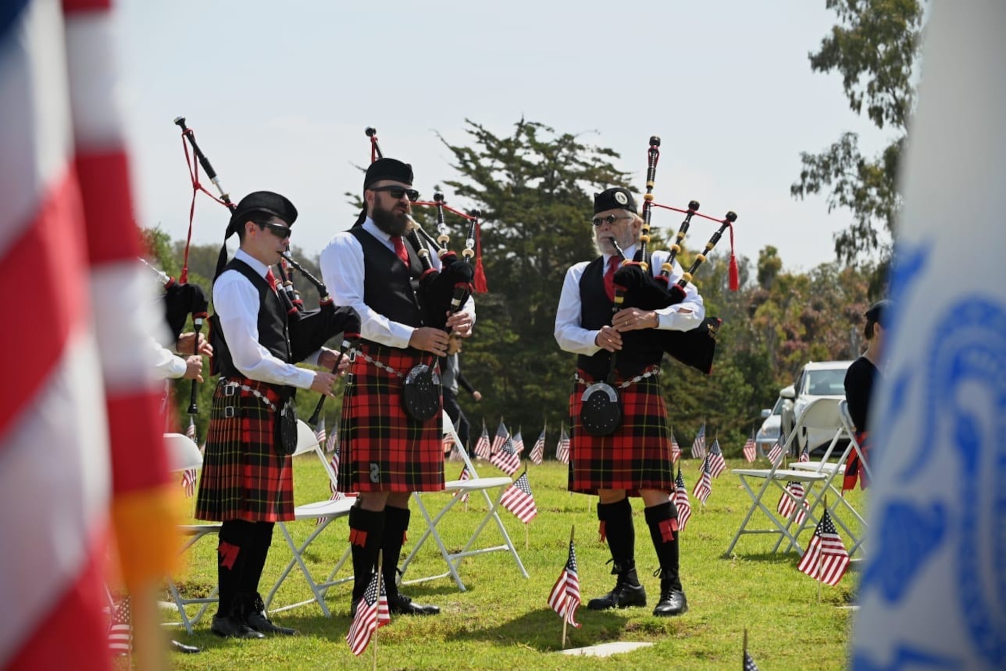 Members of the Gold Coast Pipe Band play the bagpipes during a Memorial Day ceremony at the Santa Barbara Cemetery in Santa Barbara, Calif., May 26. 2025. All in attendance paid tribute to military members across the globe who made the ultimate sacrifice in service to the nation. (U.S. Space Force photo by Tech. Sgt. Draeke Layman)
