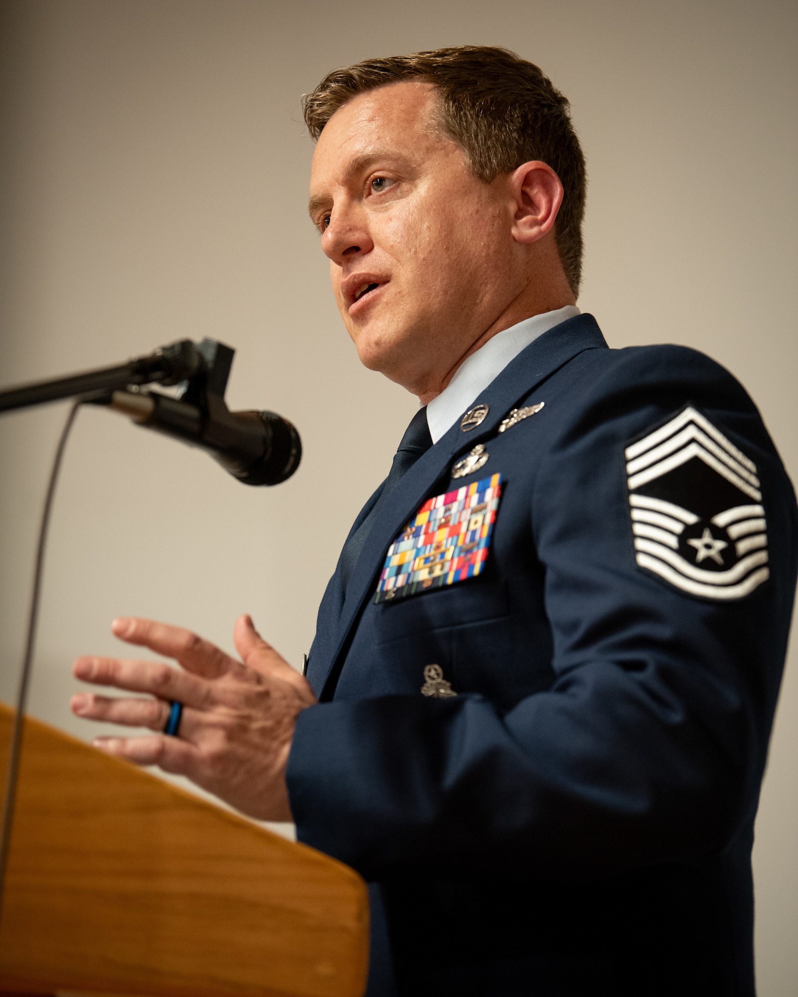 Chief Master Sgt. Blair Baerny, the newly appointed command chief for the 123rd Airlift Wing, speaks during a change-of-responsibility ceremony at the Kentucky Air National Guard Base in Louisville, Ky., April 13, 2025. Baerny replaces Chief Master Sgt. Steven Best, who was named state command chief for the Kentucky Air National Guard. (U.S. Air National Guard photo by Master Sgt. Joshua Horton)