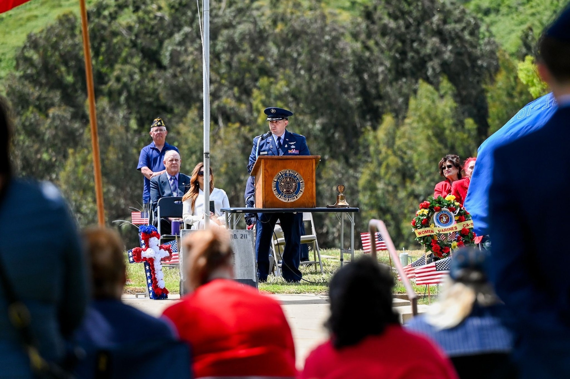 U.S. Space Force Lt. Col. Ralph Salazar, 30th Range Operations Squadron director of operations, speaks during a Memorial Day ceremony at Lompoc, Calif., May 26, 2025. Salazar was the keynote speaker during the event that honored fallen military members. (U.S. Space Force Photo by Staff Sgt. Joshua LeRoi)