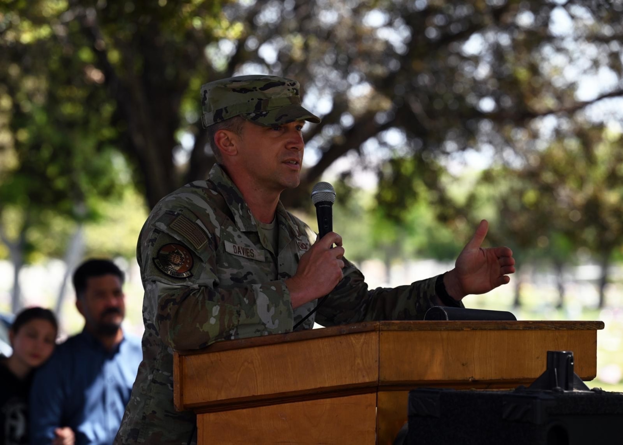U.S. Air Force Chief Master Sgt. Damian Davies, 30th Civil Engineer Squadron senior enlisted leader, gives a speech during a Memorial Day ceremony in Santa Maria, Calif., May 26, 2025. Team Vandenberg leadership participated in Memorial Day ceremonies alongside community members in Lompoc, Santa Maria, Solvang, Orcutt, Ojai, and Santa Barbara. Collectively, they paid tribute to the fallen heroes who made the ultimate sacrifice in service and defense of our nation. (U.S. Space Force photo by Airman 1st Class Olga Houtsma)