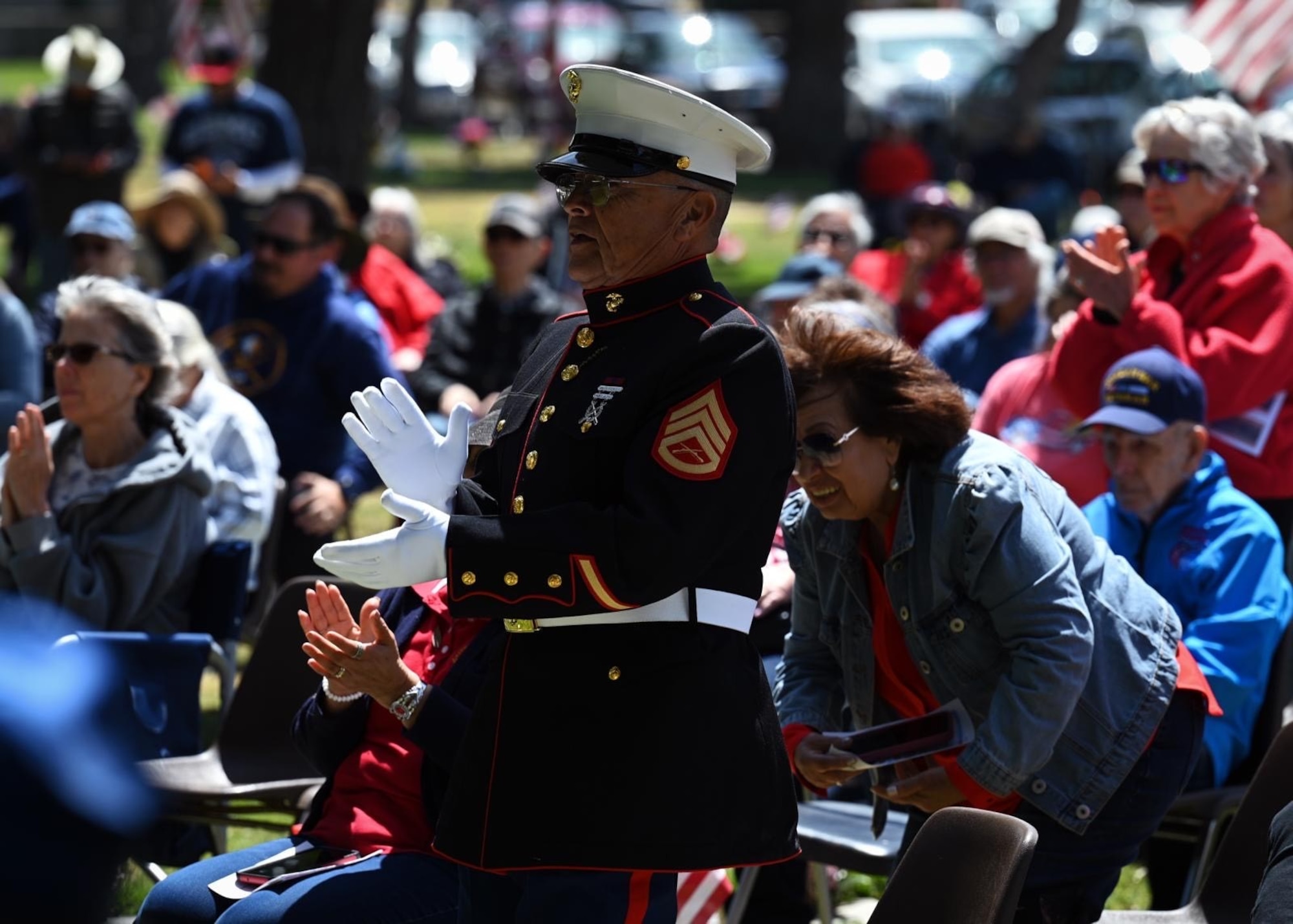 Members of the Santa Maria community and local veterans clap after U.S. Air Force Chief Master Sgt. Damian Davies, 30th Civil Engineer Squadron senior enlisted leader, gave a speech during a Memorial Day ceremony in Santa Maria, Calif., May 26, 2025. Team Vandenberg leadership participated in Memorial Day ceremonies alongside community members in Lompoc, Santa Maria, Solvang, Orcutt, Ojai, and Santa Barbara. Collectively, they paid tribute to the fallen heroes who made the ultimate sacrifice in service and defense of our nation. (U.S. Space Force photo by Airman 1st Class Olga Houtsma)