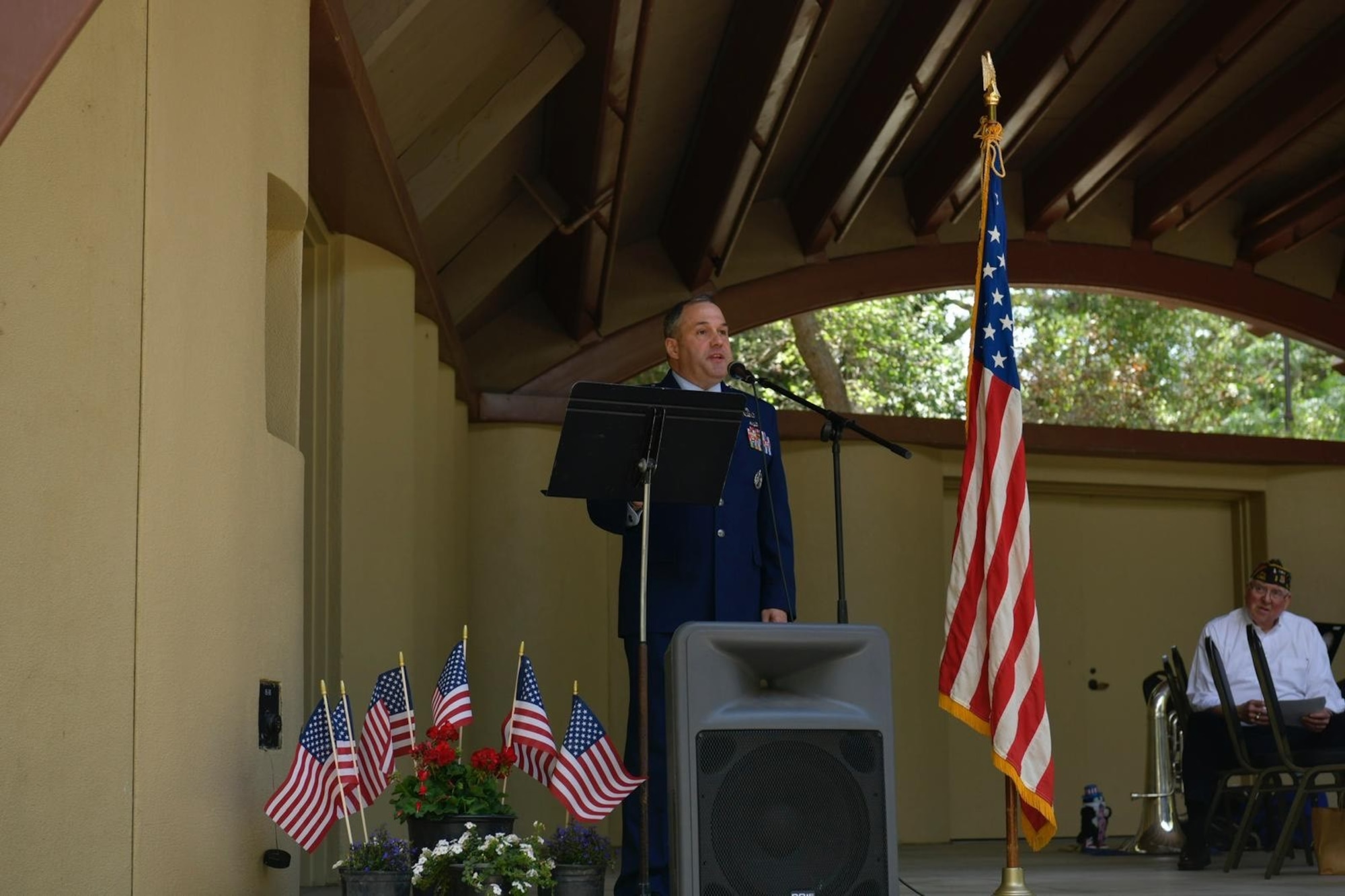 U.S. Space Force Col. Dorian Hatcher, Space Launch Delta 30 deputy commander, delivers a speech during a Memorial Day ceremony in Ojai, Calif., May 26, 2025. His speech highlighted the importance of paying tribute to the men and women who made the ultimate sacrifice in service and defense of the United States. (U.S. Space Force photo by 2nd Lt. Andrew Taller)