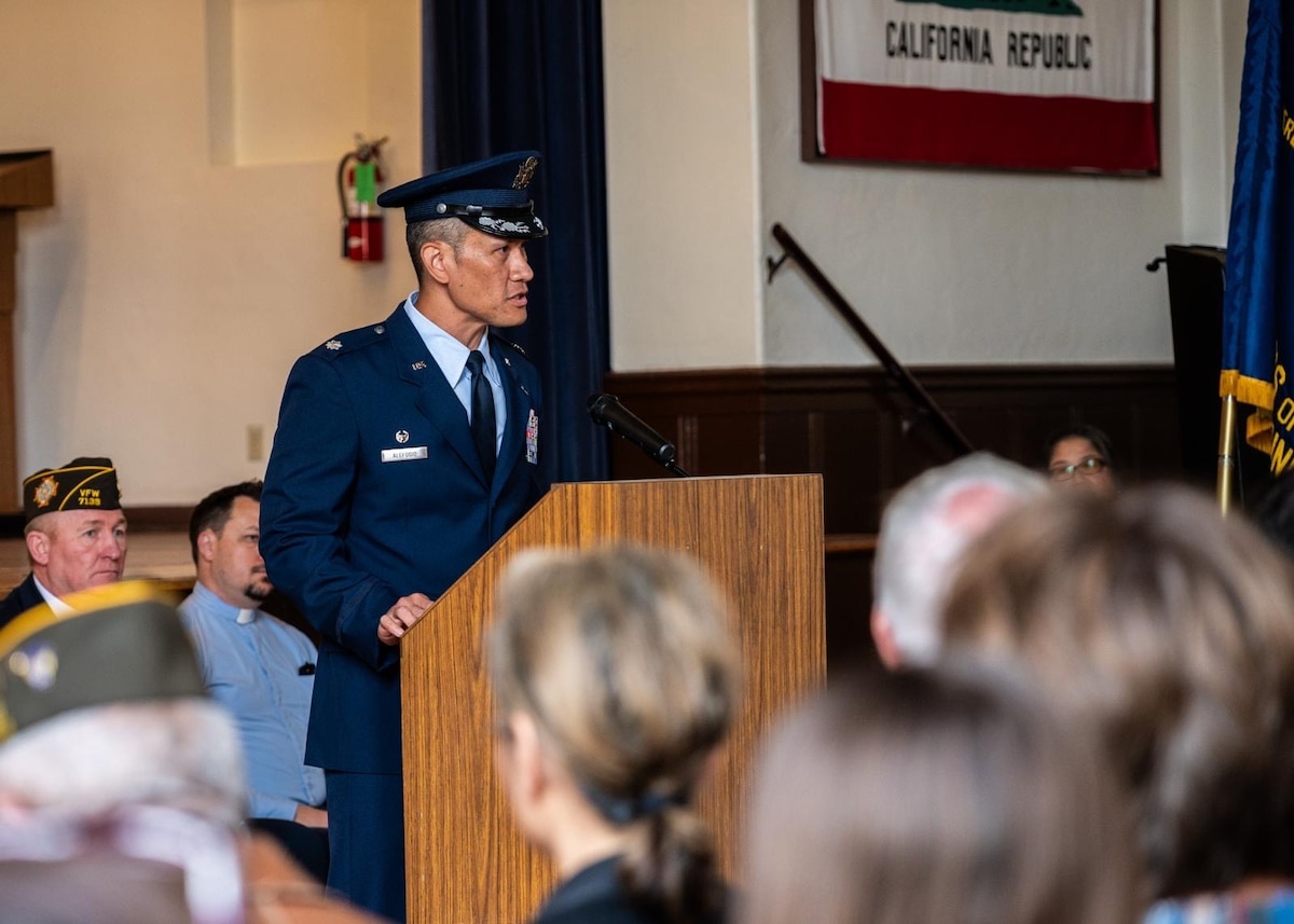 U.S. Air Force Lt. Col Jeremiah Alefosio, 30th Logistics Readiness Squadron commander, speaks to guests of a Memorial Day remembrance ceremony in Solvang, Calif., May 26, 2025. The event honored and remembered those who made the ultimate sacrifice in the service of their country. (U.S. Space Force photo by Senior Airman Ryan Quijas)