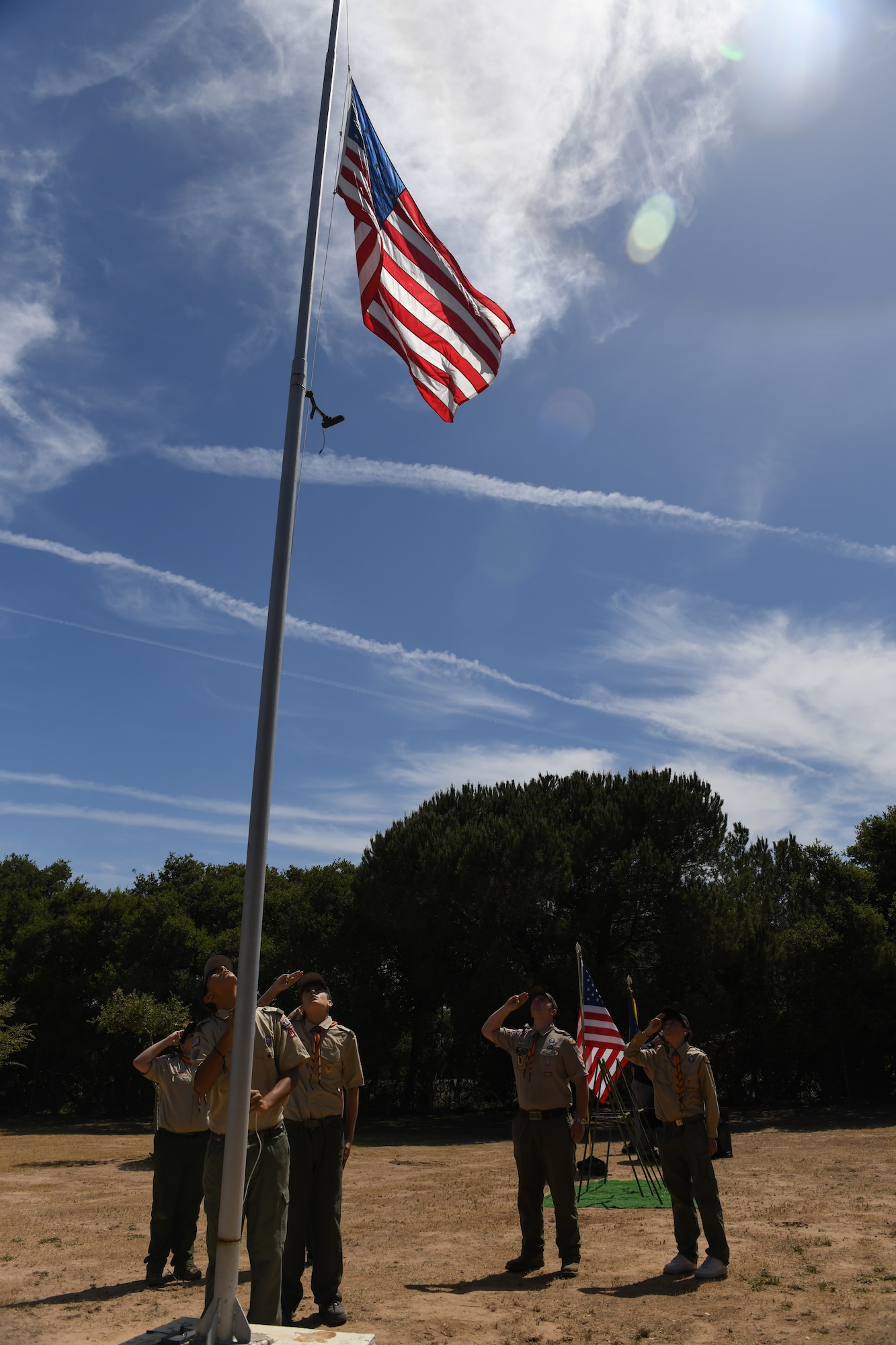 Boy Scouts of America Troop 91 members salute the American flag after posting the colors during a Memorial Day ceremony in Orcutt, Calif., May 26, 2025. Team Vandenberg leadership participated in Memorial Day ceremonies alongside community members in Lompoc, Santa Maria, Solvang, Orcutt, Ojai, and Santa Barbara. Collectively, they paid tribute to the fallen heroes who made the ultimate sacrifice in service and defense of our nation. (U.S. Space Force photo by Master Sgt. Eric Burks)