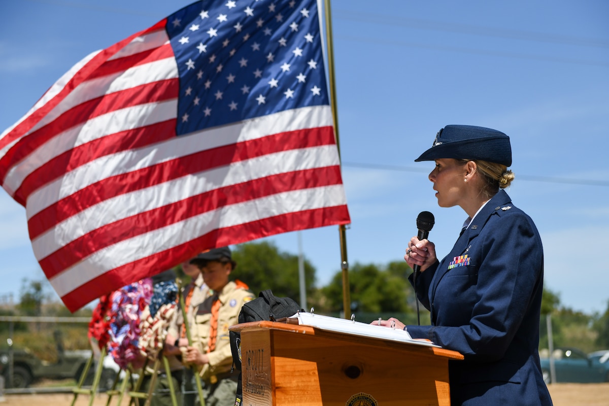 Lt. Col. Tonya Barry, 30th Healthcare Operations Squadron commander, gives a speech during a Memorial Day ceremony in Orcutt, Calif., May 26, 2025. Team Vandenberg leadership participated in Memorial Day ceremonies alongside community members in Lompoc, Santa Maria, Solvang, Orcutt, Ojai, and Santa Barbara. Collectively, they paid tribute to the fallen heroes who made the ultimate sacrifice in service and defense of our nation. (U.S. Space Force photo by Master Sgt. Eric Burks)