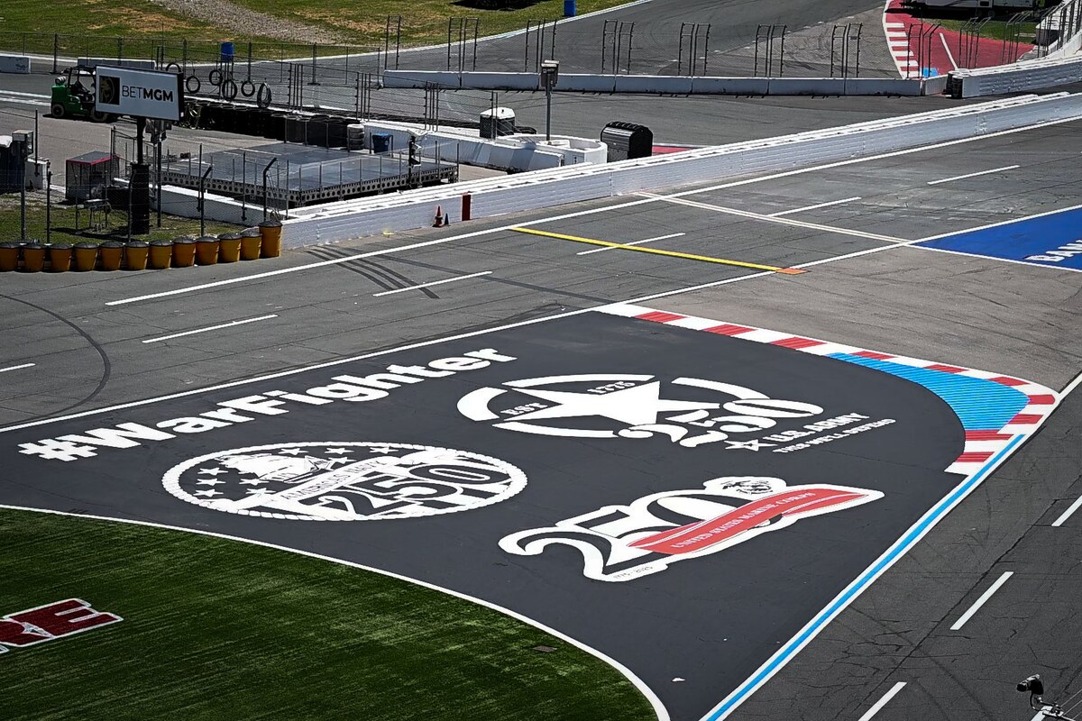 A racetrack with logos painted on it.
