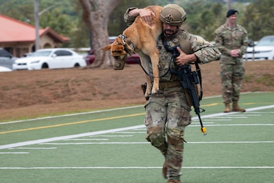 U.S. Air Force Senior Airman Nikolas Somoza, 18th Security Forces Squadron military working dog handler assigned to Kadena Air Base, Japan, runs with Dina, 18 SFS military working dog, during the dog carry portion of a Pacific Air Forces Advanced Combat Skills Assessment K9 competition at Andersen Air Force Base, Guam, May 19, 2025.