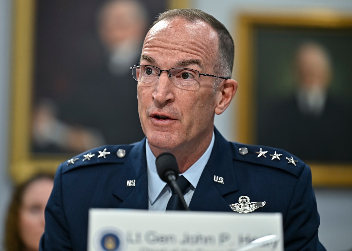 Lt Gen Healy speaking into a microphone