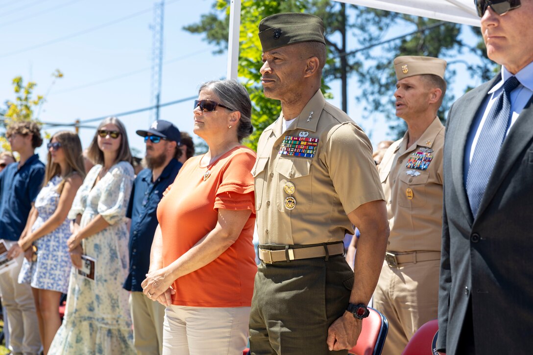 U.S. Marine Corps Lt. Gen. Calvert L. Worth Jr., the commanding general of II Marine Expeditionary Force, stands at attention during the Colonel Nick E. Davis Battle Simulation Center Dedication Ceremony at Marine Corps Base Camp Lejeune, North Carolina, May 23, 2025. The II Marine Expeditionary Force Battle Simulation Center is dedicated in memory of Colonel Nick E. Davis, who devoted 30 years to serving our nation as a Marine infantryman leading operational formations from platoon to company, battalion and Marine Expeditionary Bridgae across the globe in peace and during war. (U.S. Marine Corps photo by Sgt. Jacquilyn Davis)