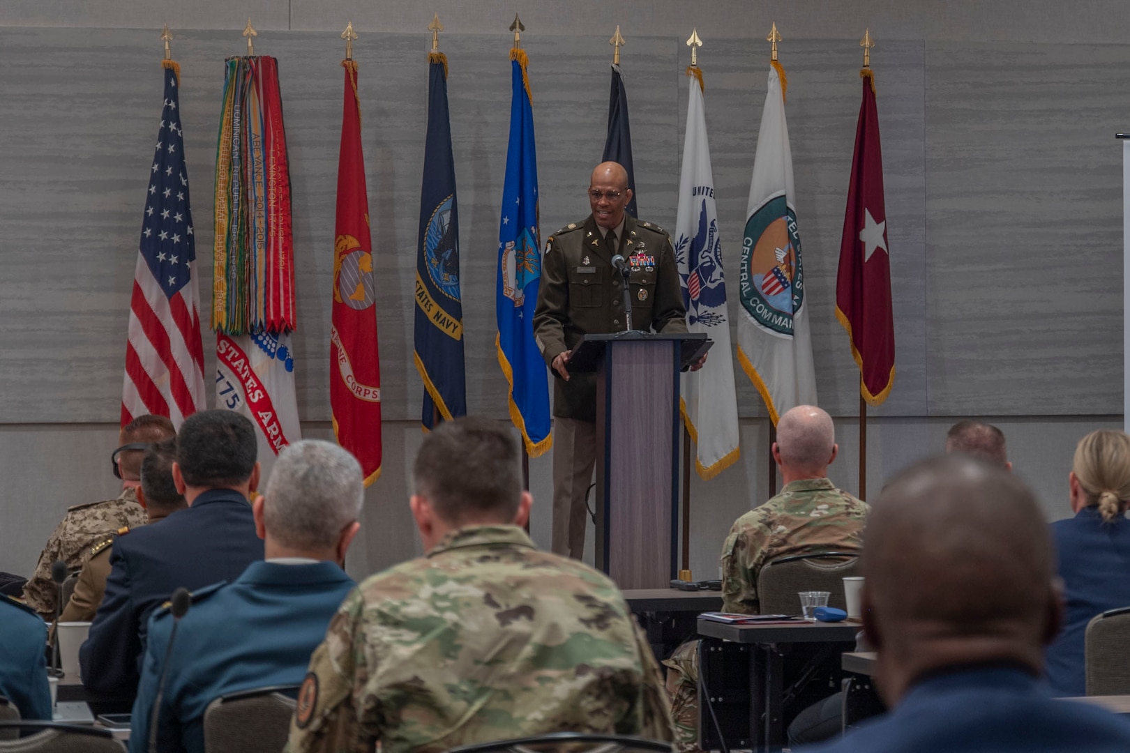 U.S. Army Col. Larry McCord, U.S. Central Command surgeon, welcomes medical professionals from collaborating countries during the 2025 Medical Security Cooperation Exchange, San Antonio, Texas, May 12, 2025. The USCENTCOM 2025 MSCE is a key platform to enable operational and strategic medical collaboration between allied nations working to address common health security challenges. Operational Medical Systems, part of the Defense Health Agency, participated in the event to demonstrate OPMED’s role in maintaining Joint Service medical readiness through active exploration and technological advancements in the field. (Defense Health Agency Photo by Cameron Parks/Released)