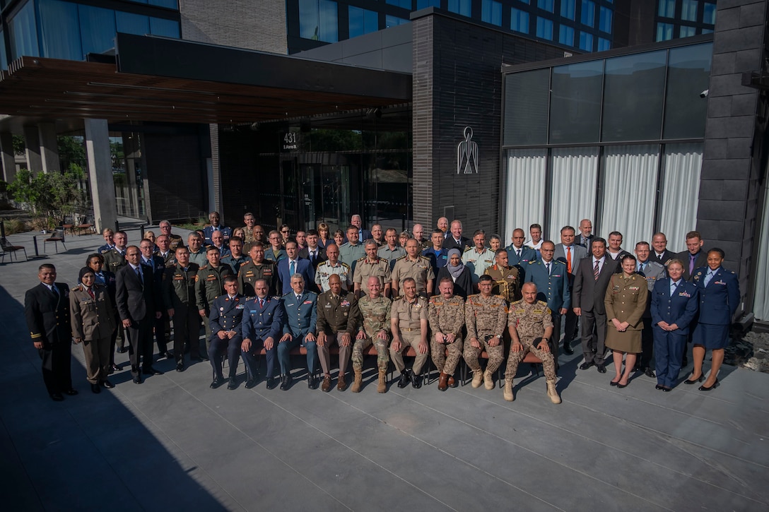 Medical professionals from collaborating countries gather for a group photo during the 2025 Medical Security Cooperation Exchange, San Antonio, Texas, May 12th, 2025. The USCENTCOM 2025 MSCE is a key platform to enable operational and strategic medical collaboration between allied nations working to address common health security challenges. Operational Medical Systems, part of the Defense Health Agency, participated in the event to demonstrate OPMED’s role in maintaining Joint Service medical readiness through active exploration and technological advancements in the field. (Defense Health Agency Photo by Cameron E. Parks/Released)