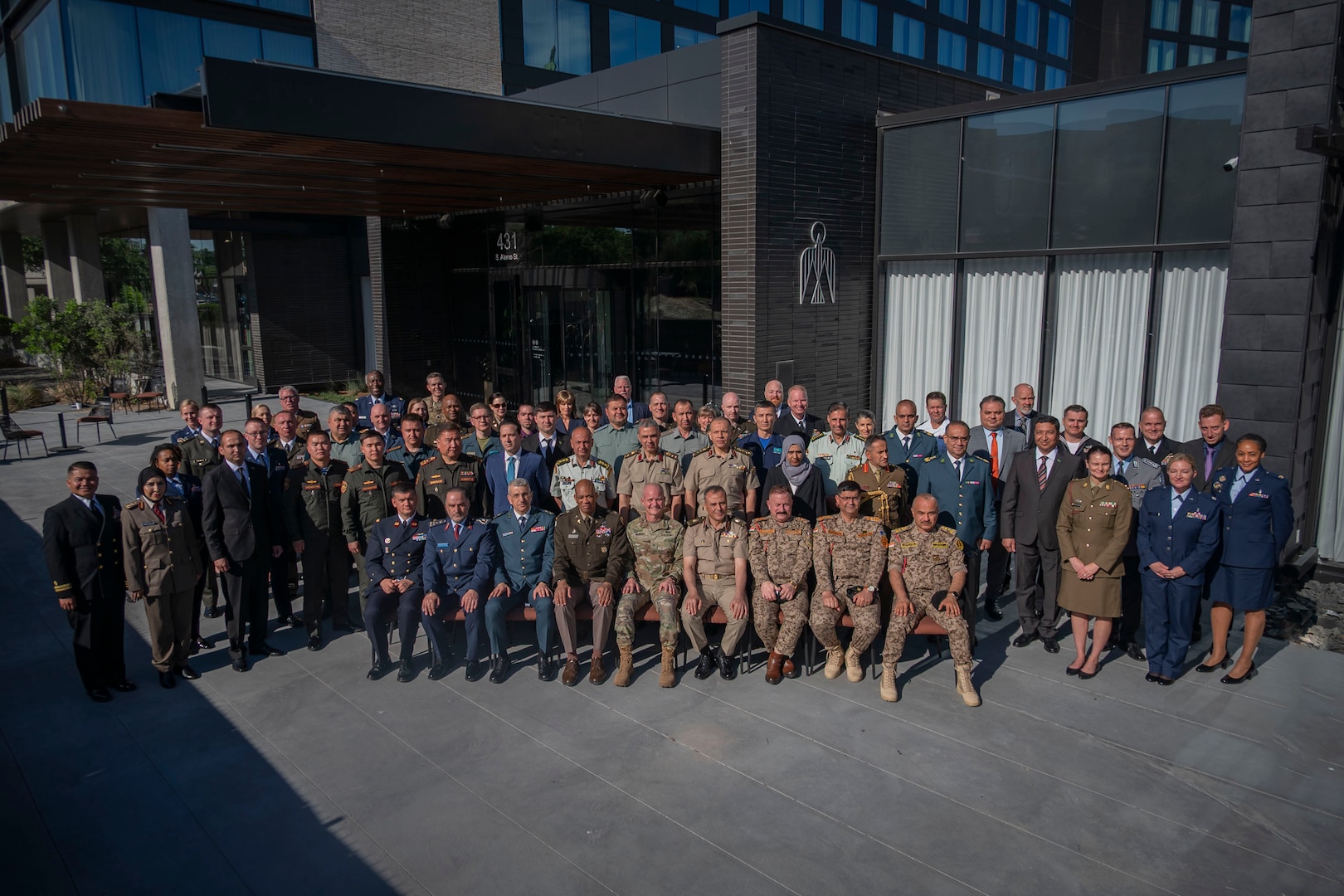 Medical professionals from collaborating countries gather for a group photo during the 2025 Medical Security Cooperation Exchange, San Antonio, Texas, May 12th, 2025. The USCENTCOM 2025 MSCE is a key platform to enable operational and strategic medical collaboration between allied nations working to address common health security challenges. Operational Medical Systems, part of the Defense Health Agency, participated in the event to demonstrate OPMED’s role in maintaining Joint Service medical readiness through active exploration and technological advancements in the field. (Defense Health Agency Photo by Cameron E. Parks/Released)