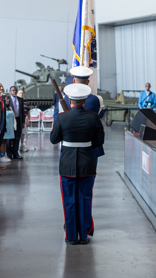 U.S. service members carry the colors during the National WWII Museum’s Armed Forces Day award ceremony, New Orleans, May 17, 2025. Armed Forces Day celebrates and recognizes service members across all military branches and their dedication and service to the local community. (U.S. Marine Corps photo by Cpl. Kanoa Thomas)