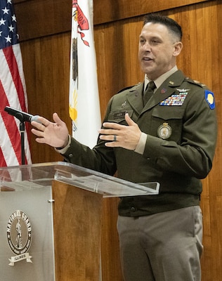 Newly commissioned 2nd Lt. Thomas Luca II thanks family, friends, and fellow Soldiers for their support, leadership, and mentorship throughout his military service during a commissioning ceremony May 17 at the Illinois Military Academy, Camp Lincoln, Springfield.