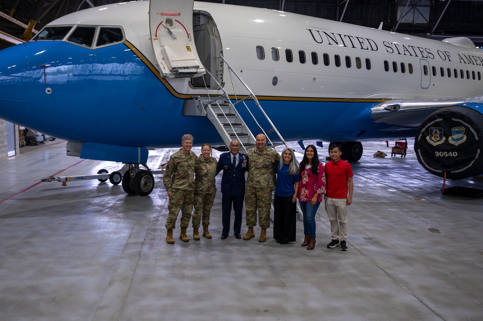 Col. Melchizedek Martinez (right) poses for a photo in front of a 932nd AW C-40C aircraft next to Col. Jeffrey Smith, 932nd AW commander after concluding his speech on resiliency to Gateway Wing Airmen during the 932nd AW Resilience Quest event May 3, 2025, Scott Air Force Base, Illinois.