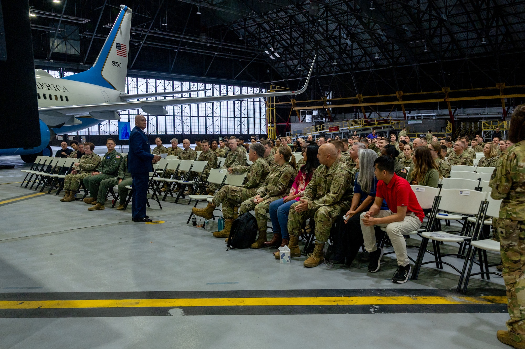 Col. Melchizedek Martinez delivers his speech on resiliency to Gateway Wing Airmen during the 932nd AW Resilience Quest event May 3, 2025, Scott Air Force Base, Illinois.