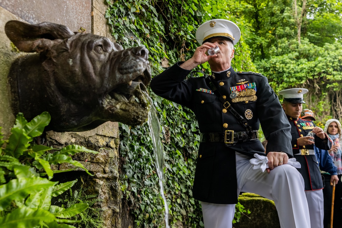 U.S. Marine Corps Gen. Christopher Mahoney, the Assistant Commandant of the Marine Corps, drinks from Devil Dog Fountain in Belleau Wood, France, May 25, 2025. The memorial ceremony was held in commemoration of the 107th anniversary of the battle of Belleau Wood, conducted to honor the legacy of service members who gave their lives in defense of the United States and European allies.
