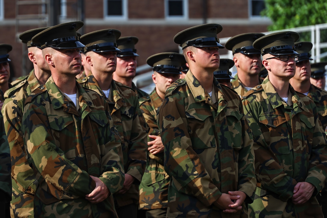 U.S. Marines with Marine Barracks Washington stand at ease during a battalion formation at Marine Barracks Washington, D.C., May 16, 2025. Once a month, battalion formations are held to recognize the Marines of the "Oldest Post of the Corps" who have gone above and beyond in their service.