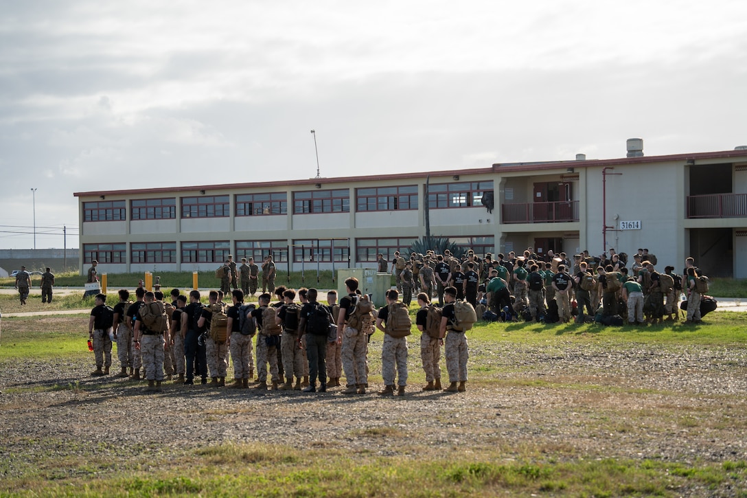 U.S. Marine Corps officer candidates participate in a Mini-Officer Candidate School event at Marine Corps Base Camp Pendleton in Oceanside, California, April 18, 2025. Mini-OCS provides applicants and candidates a glimpse into Officer Candidate School by placing them through an intense training environment designed to test their endurance, resiliency, and courage. (U.S. Marine Corps photo by Lance Cpl. Avery Wayland)
