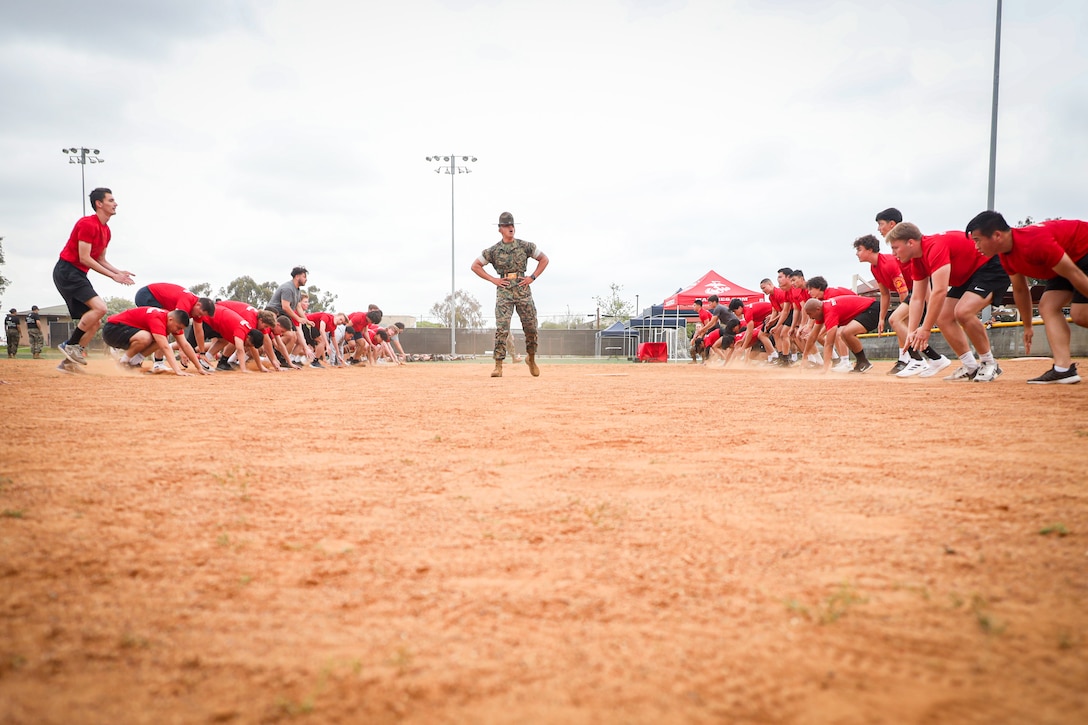 U.S. Marine Corps poolees with Recruiting Station San Diego participate in a pool function at Marine Corps Air Station Miramar in San Diego, California, May 17, 2025. Pool functions are held to build camaraderie and heathy competition while preparing poolees for the mental and physical rigors of recruit training. (U.S. Marine Corps photo by Cpl. Alejandro Fernandez)