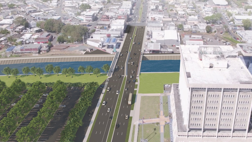 Rendering of a bridge over a river with a large parking lot next to the bridge.