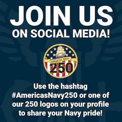 Navy 250 Join Us on Social Media graphic