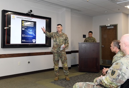 Chief Warrant Officer 4 Jerry Schmaljohann provides opening comments during a Healthcare Technology Management Week summit, hosted by U.S. Army Medical Logistics Command May 21-22 at Fort Detrick, Maryland.