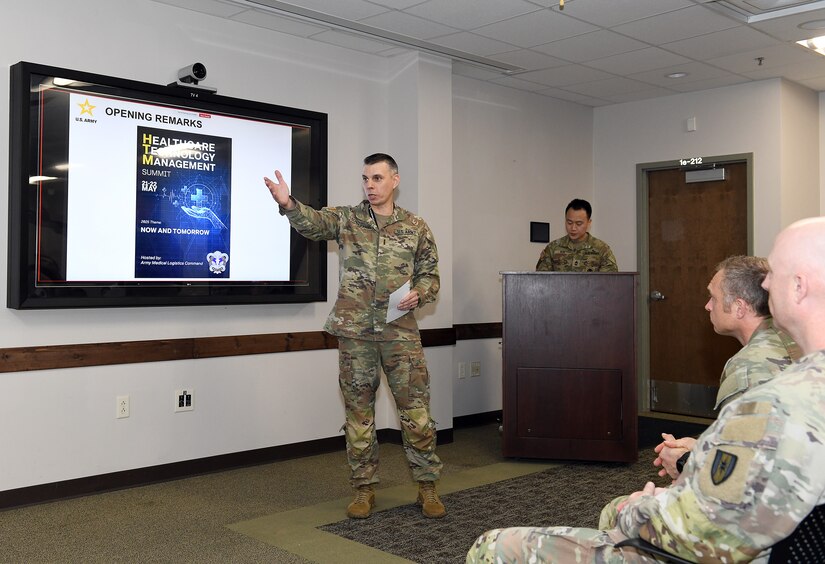 Chief Warrant Officer 4 Jerry Schmaljohann provides opening comments during a Healthcare Technology Management Week summit, hosted by U.S. Army Medical Logistics Command May 21-22 at Fort Detrick, Maryland.