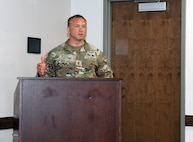 Command Sgt. Maj. Gabriel Wright speaks during a Healthcare Technology Management Week summit, hosted by U.S. Army Medical Logistics Command May 21-22 at Fort Detrick, Maryland.