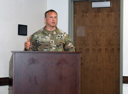 Command Sgt. Maj. Gabriel Wright speaks during a Healthcare Technology Management Week summit, hosted by U.S. Army Medical Logistics Command May 21-22 at Fort Detrick, Maryland.