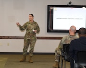 Chief Warrant Officer 5 Deanna Hughes speaks during a Healthcare Technology Management Week summit, hosted by U.S. Army Medical Logistics Command May 21-22 at Fort Detrick, Maryland.