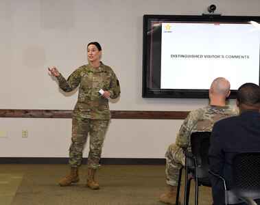 Chief Warrant Officer 5 Deanna Hughes speaks during a Healthcare Technology Management Week summit, hosted by U.S. Army Medical Logistics Command May 21-22 at Fort Detrick, Maryland.
