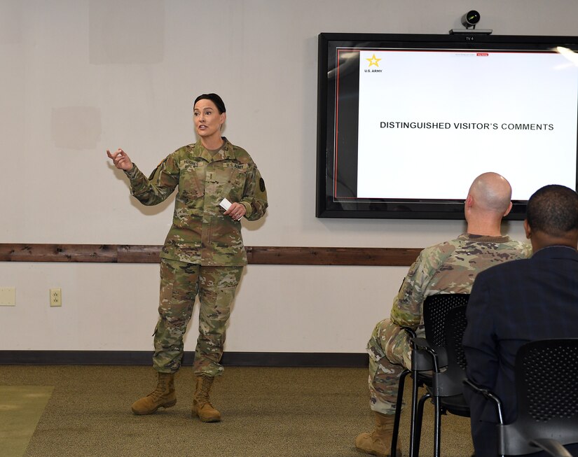 Chief Warrant Officer 5 Deanna Hughes speaks during a Healthcare Technology Management Week summit, hosted by U.S. Army Medical Logistics Command May 21-22 at Fort Detrick, Maryland.