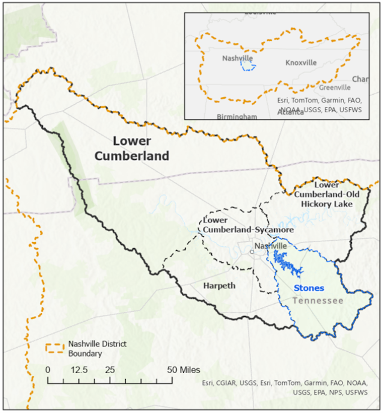 Map of affected areas for the J. Percy Priest Dam and Reservoir Water Control Manual (WCM)