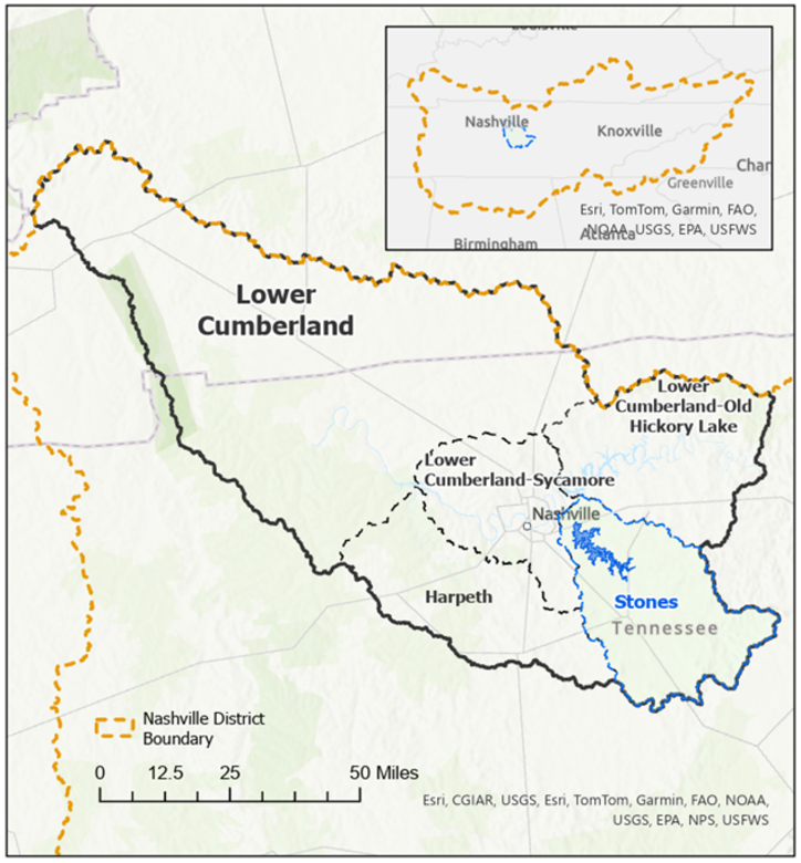 Map of affected areas for the J. Percy Priest Dam and Reservoir Water Control Manual (WCM)
