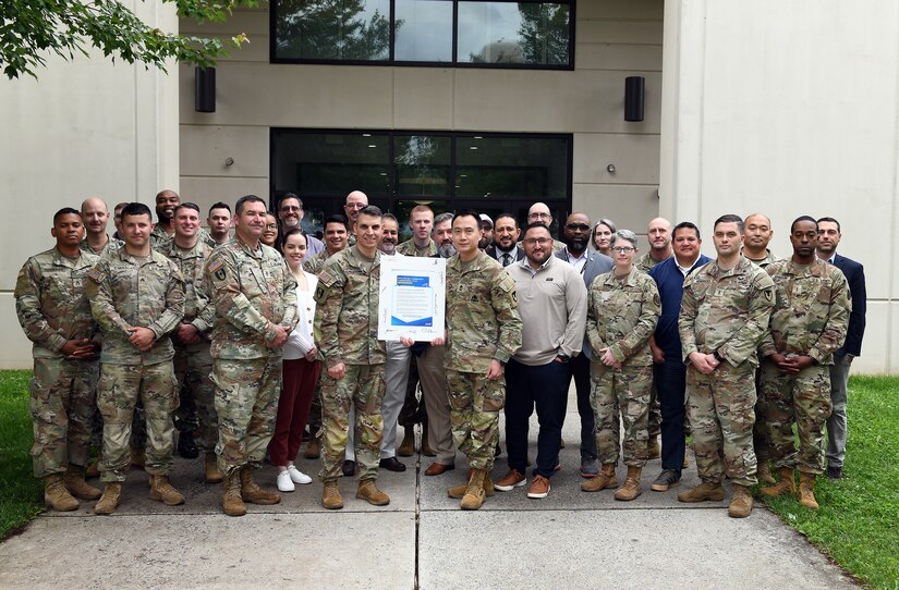 Attendees of a Healthcare Technology Management Week summit at Fort Detrick, Maryland, pose for a group photo May 22. The two-day summit, hosted by U.S. Army Medical Logistics Command, brought together HTM leaders from the Army, Navy, Air Force and DOD agencies to recognize the workforce and discuss the future of the career field.