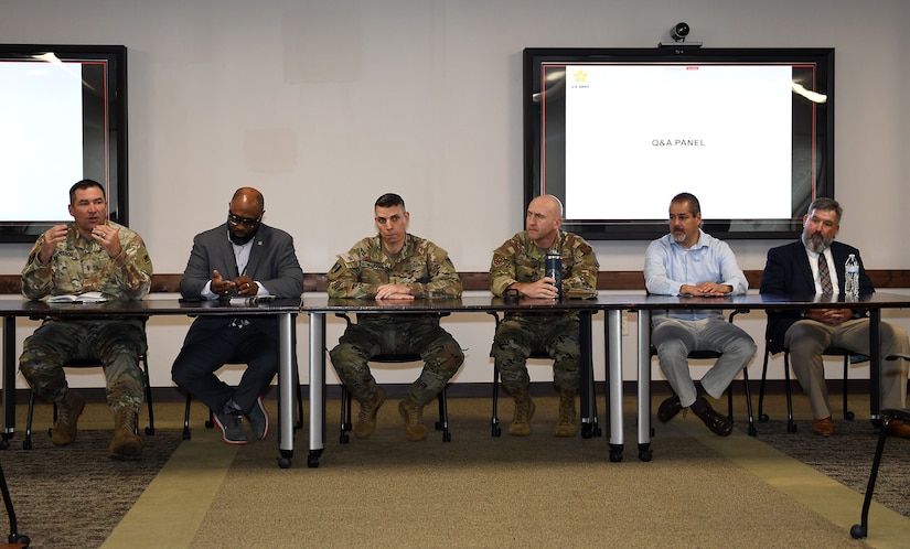 Healthcare technology management leaders from the Army, Air Force, Navy and Defense Health Agency participate in a senior leader panel during a HTM Week summit May 21 at Fort Detrick, Maryland. Pictured, from left, are Chief Warrant Officer 5 Lee Nelson, Reginald “Reggie” Burrus, Chief Warrant Officer 4 Jerry Schmaljohann, Chief Master Sgt. Brady Garrett, Mario Brito and Heath Brunson.