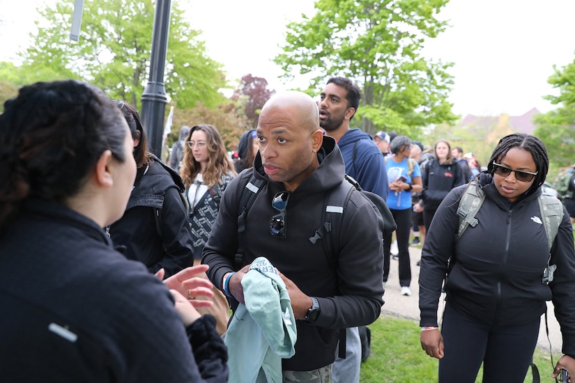 Master Sgt. Laroy Warren, G1 Non-commissioned Officer-In-Charge, 85th U.S. Army Reserve Support Command, checks in before the start of the 11th Annual Chicago Veterans Ruck March, May 23, 2025.