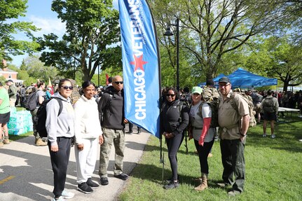 From left to right, Roxanne Zadlo, Sgt. First Class Dora Uwudia, Master Sgt. Laroy Warren, Staff Sgt. Raschelle Barnes, Sgt. 1st Class Grainne Battell and her husband, Andrew Gale, pause for a photo at the 11th annual Chicago Veteran’s Ruck March, May 23, 2025.