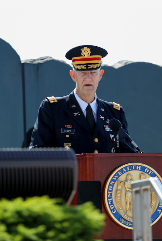 Retired U.S. Army Lt. Col. Dick Stoops spoke about his time in service during the Memorial Day remembrance ceremony held at the Kentucky National Guard Memorial at Boone National Guard Center in Frankfort, Kentucky, May 26, 2025.