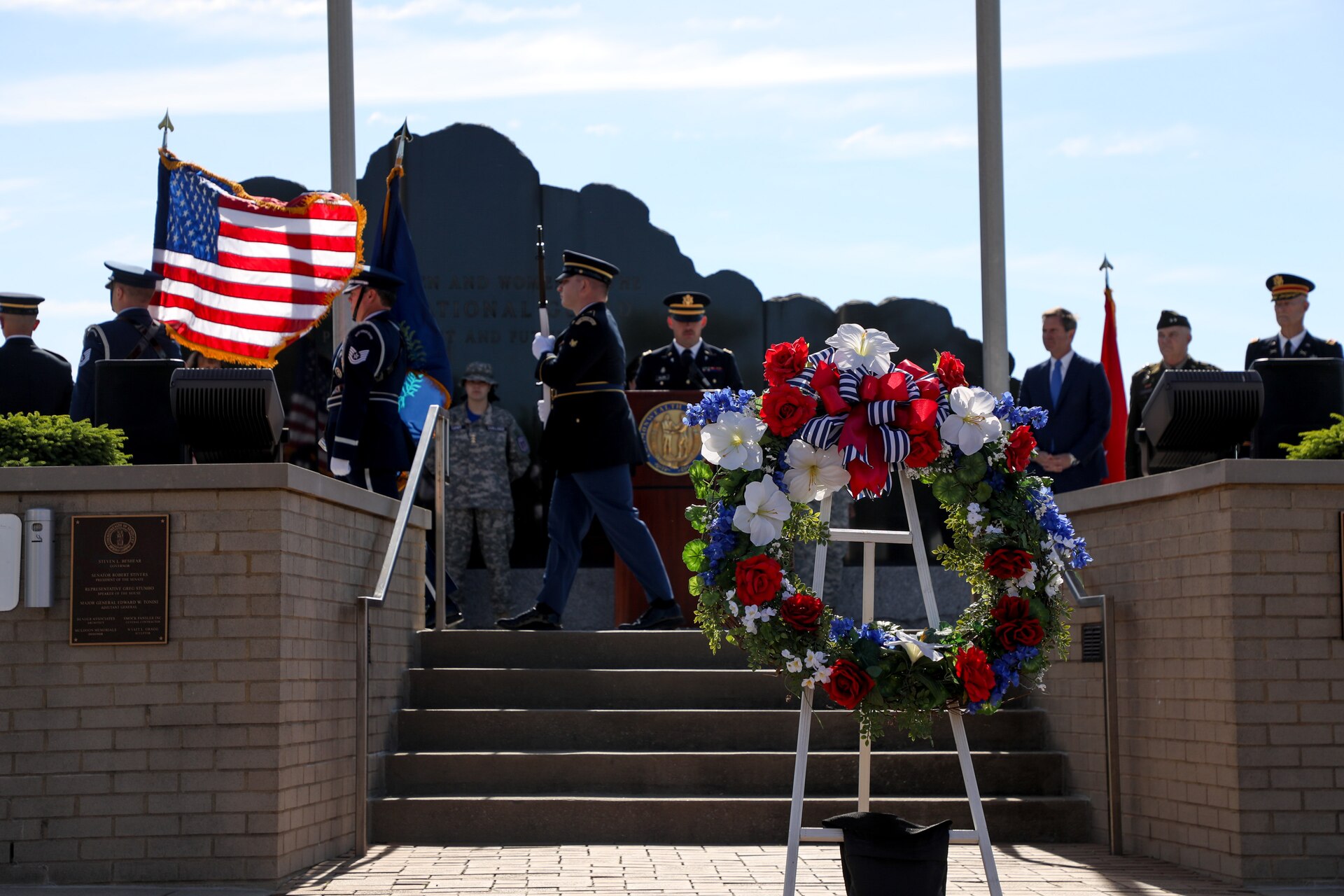 Soldiers with the Kentucky National Guard Color Guard present the colors during the Memorial Day remembrance ceremony held at the Kentucky National Guard Memorial at Boone National Guard Center in Frankfort, Kentucky, May 26, 2025.
