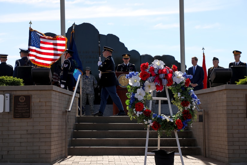 Soldiers with the Kentucky National Guard Color Guard present the colors during the Memorial Day remembrance ceremony held at the Kentucky National Guard Memorial at Boone National Guard Center in Frankfort, Kentucky, May 26, 2025.