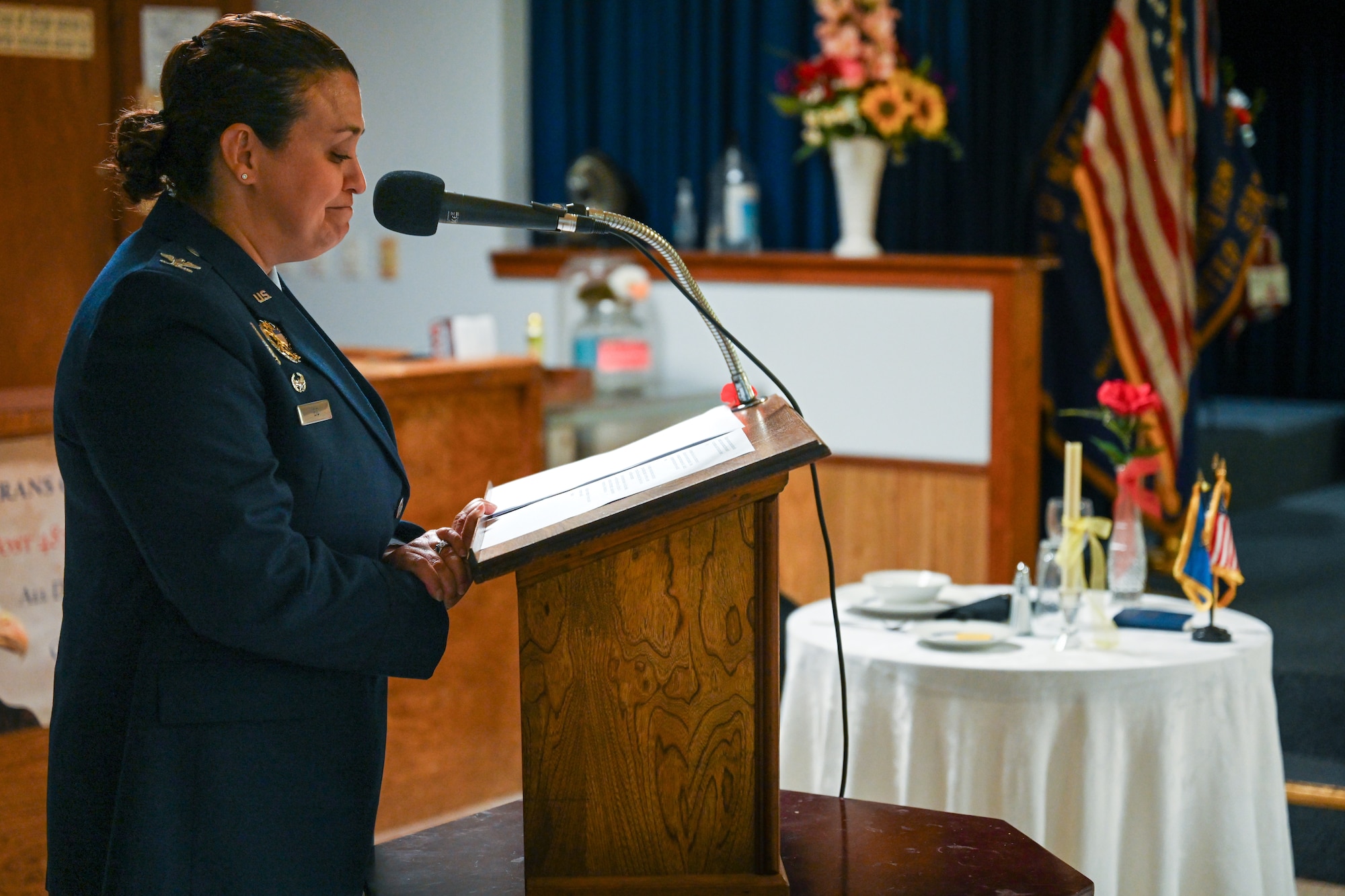 U.S. Air Force Col. Claudia Eid, 97th Medical Group commander, gives a speech for Memorial Day at the Veterans of Foreign Wars (VFW) Post 4876 in Altus, Oklahoma, May 26, 2025. The VFW hosted a luncheon for attendees to remember fallen military members. (U.S. Air Force photo by Airman 1st Class Nathan Langston)