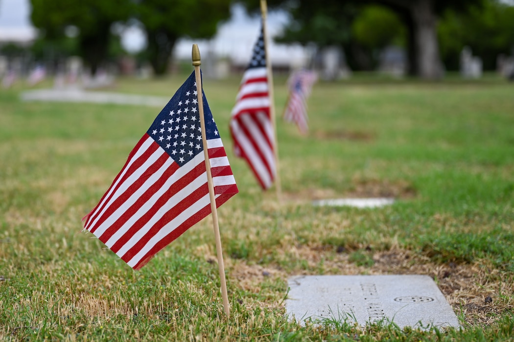 U.S. flags are planted at the Altus City Cemetery in Altus, Oklahoma, May 26, 2025. The flags were planted in observance of Memorial Day to honor fallen military members. (U.S. Air Force photo by Airman 1st Class Nathan Langston)