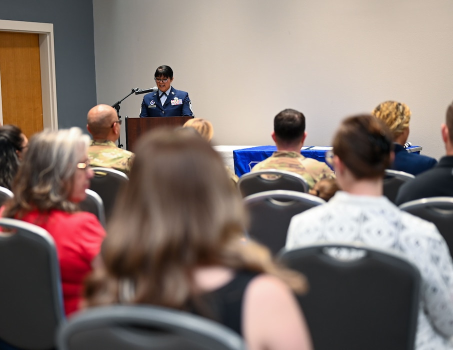 U.S. Air Force Master Sgt. Sandra Centeno, 312th Training Squadron first sergeant, emcees Goodfellow’s Community College of the Air Force Fall ‘24 and Spring ‘25 Graduation Ceremony at the Powell Event Center, Goodfellow Air Force Base, Texas, May 21, 2025. The 42 graduates gained their associate's degree through hard work and dedication. (U.S. Air Force photo by Senior Airman Evelyn J. D’Errico)
