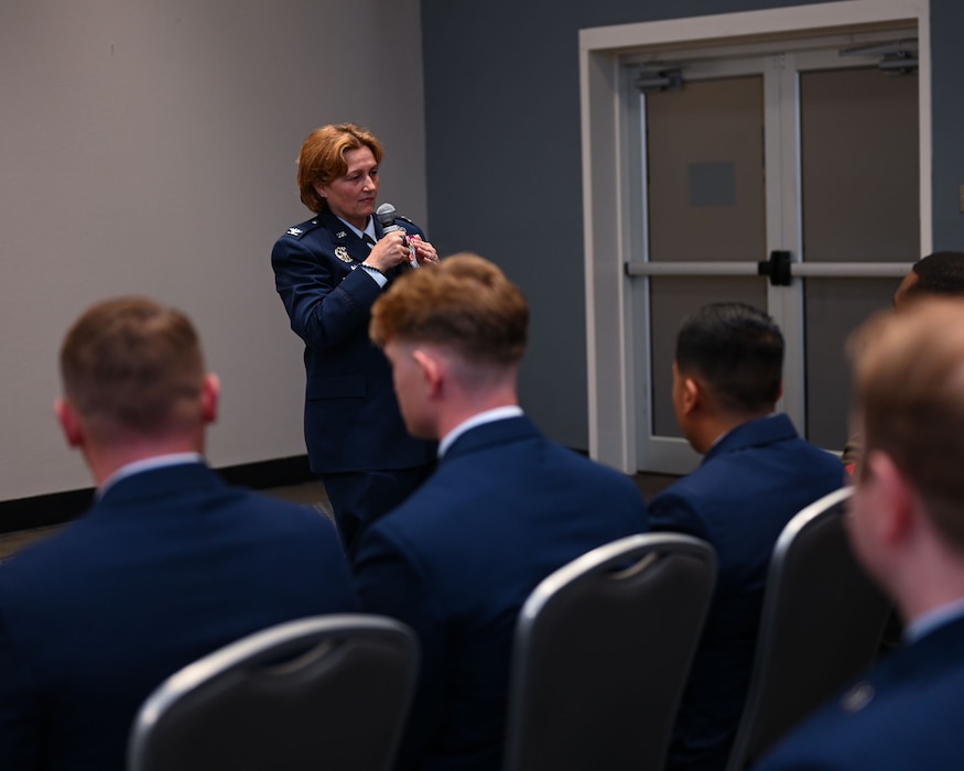 U.S. Air Force Col. Angelina Maguinness, 17th Training Wing commander, gives final words of inspiration to the graduates during Goodfellow’s Community College of the Air Force Fall ‘24 and Spring ‘25 Graduation Ceremony at the Powell Event Center, Goodfellow Air Force Base, Texas, May 21, 2025. Maguinness recognized all the graduates who dedicated their time and hard work to receive their applied sciences degrees. (U.S. Air Force photo by Senior Airman Evelyn J. D’Errico)