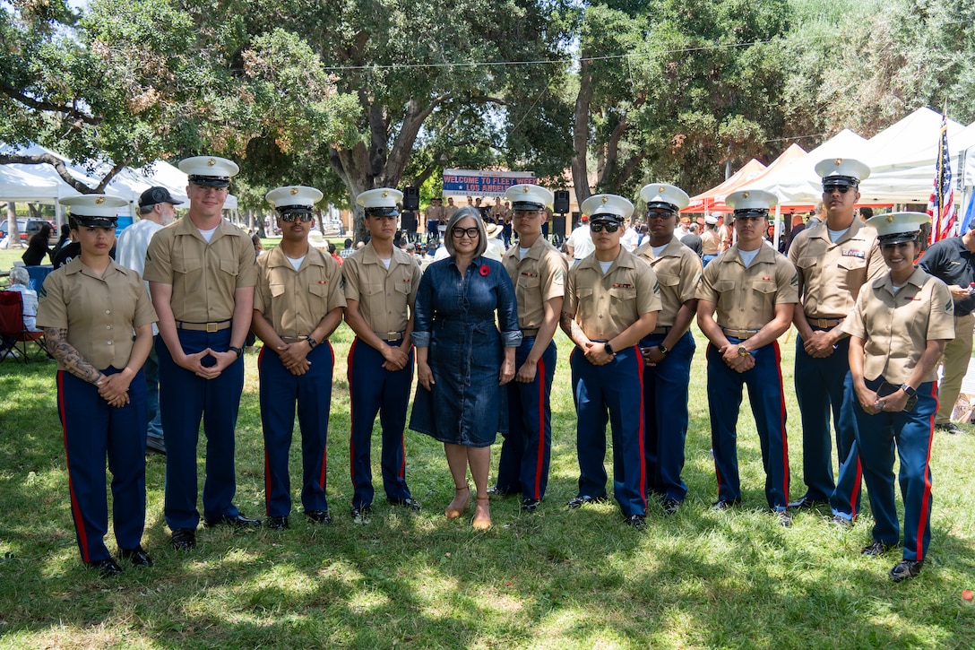 U.S. Marines and Monica Rodriguez, Los Angeles City Councilwoman of 7th District, pose for a photograph at a Memorial Day event at Brand Park in Mission Hills, California, during Los Angeles Fleet Week, May 25, 2025. Los Angeles Fleet Week, now in its eighth iteration, is a sea service celebration that allows citizens of Greater Los Angeles to witness today’s maritime capabilities firsthand. Nearly 1,000 Sailors, Marines, and Coast Guardsmen will showcase their capabilities and equipment, participate in various community service events, and enjoy the hospitality of Los Angeles during the event. (U.S. Marine Corps photo by Lance Cpl. Avery Wayland)
