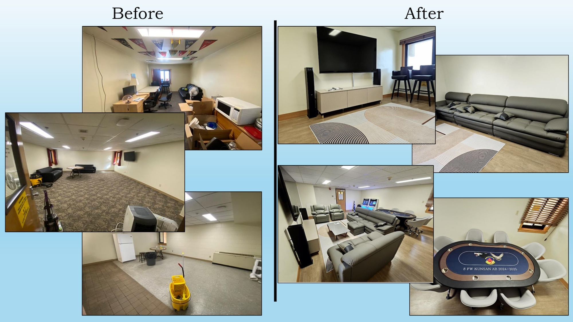 A graphic conveying the difference between the new and old dayrooms at Kunsan Air Base, Republic of Korea.