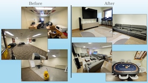 A graphic conveying the difference between the new and old dayrooms at Kunsan Air Base, Republic of Korea.